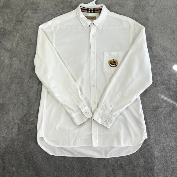 Burberry Long Sleeve Button Down Dress Shirt Men's L White Embroidered Crest - Picture 1 of 13